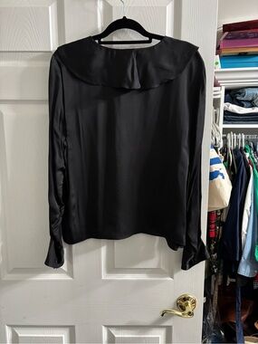 J. Crew Black Satin Long-Sleeve Blouse with Soft Collar
